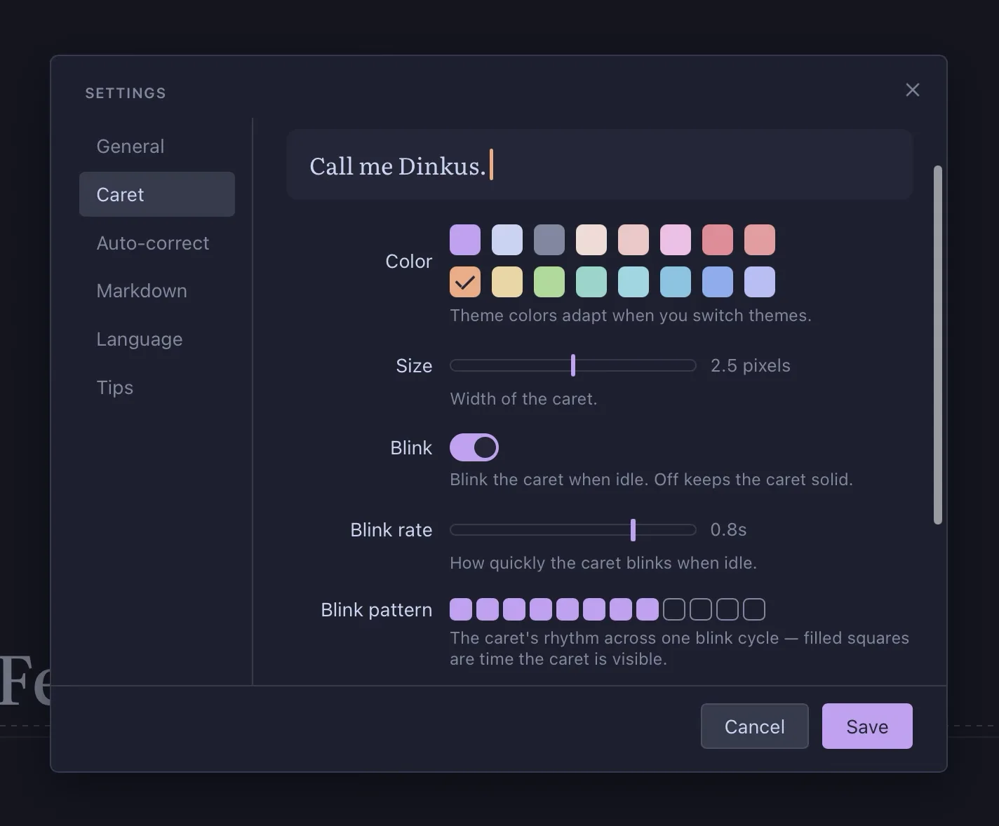 The Caret pane in Dinkus's Settings