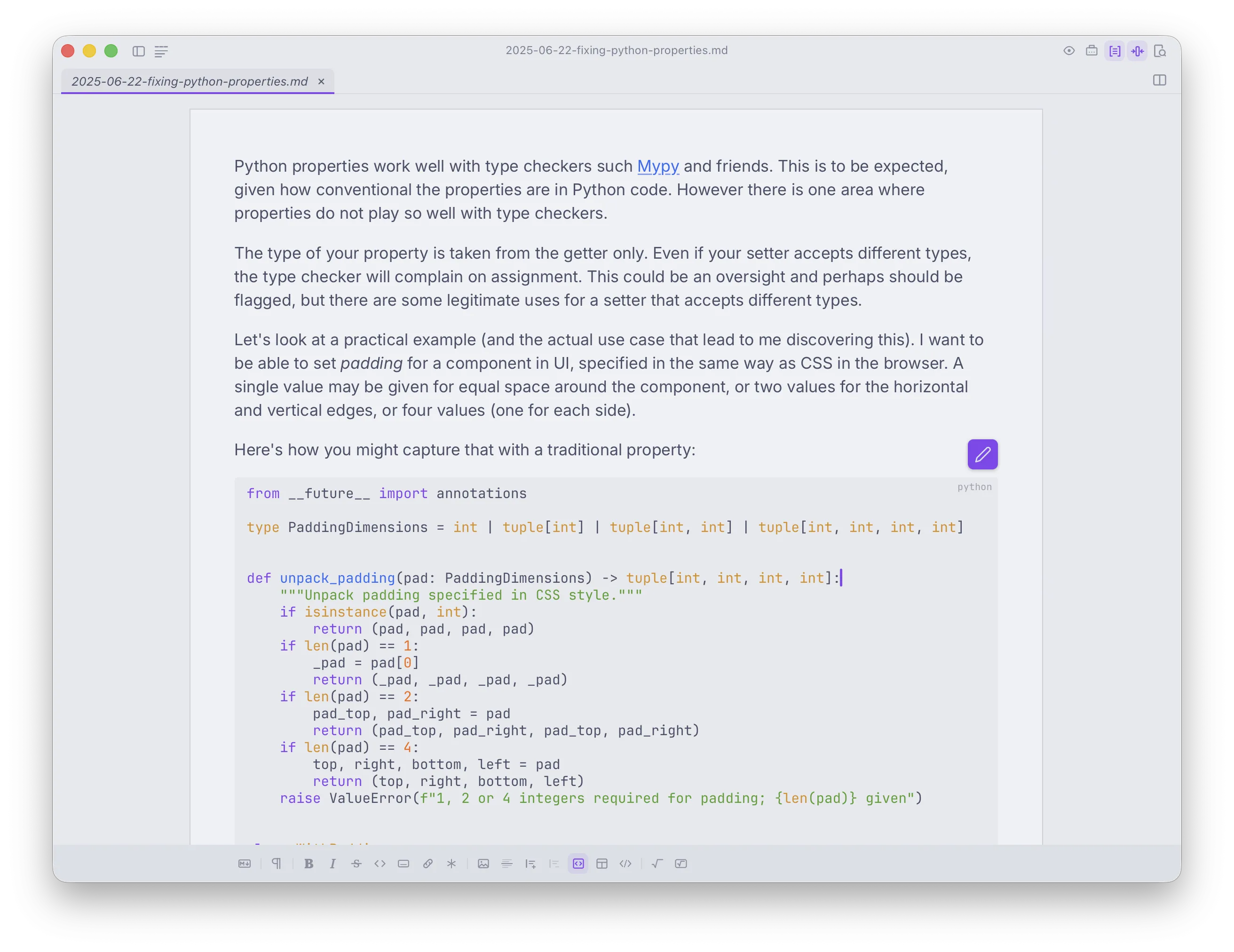 Dinkus rendering fenced code blocks with syntax highlighting inside a markdown document