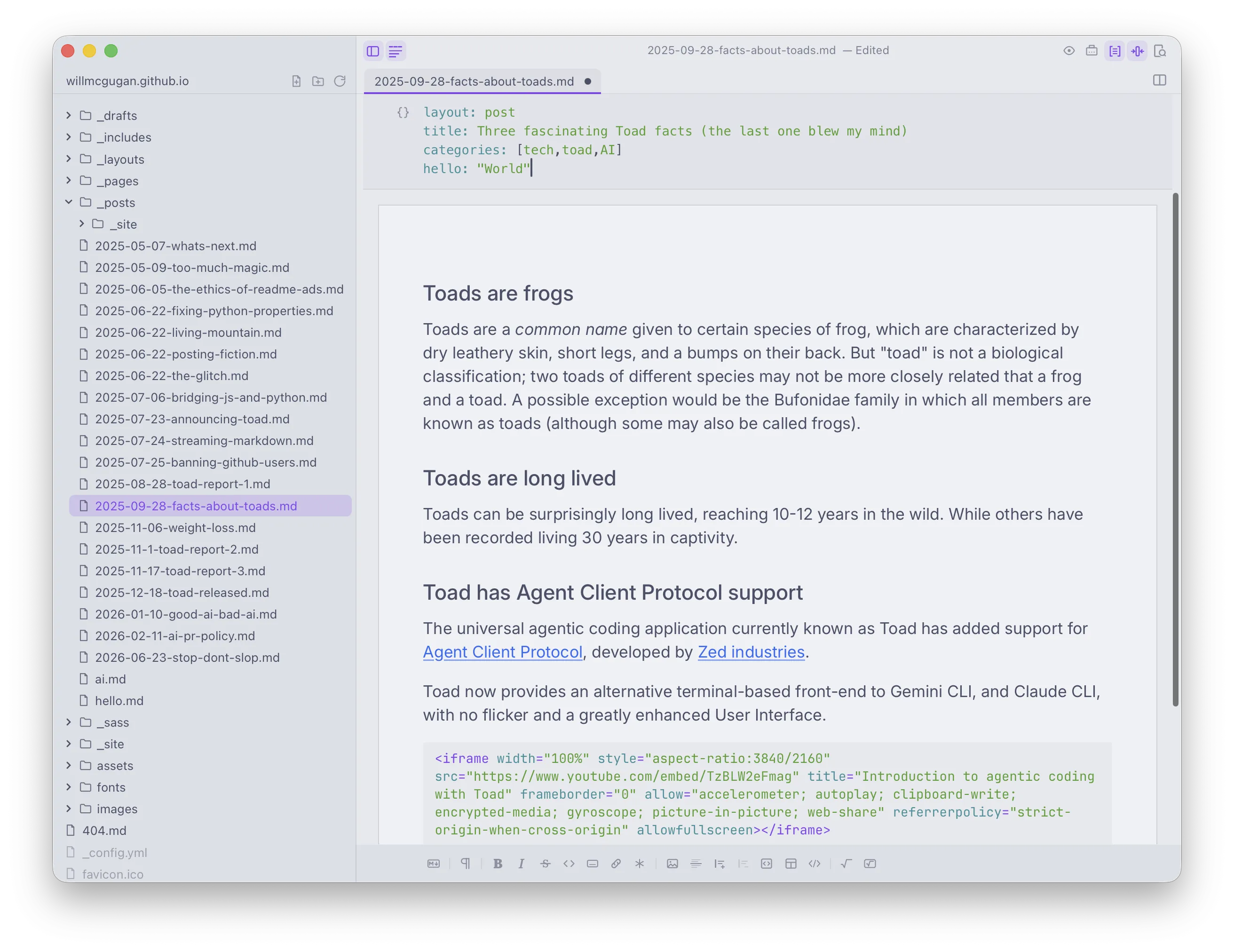Dinkus showing a document's YAML front matter in a dedicated panel above the rendered page