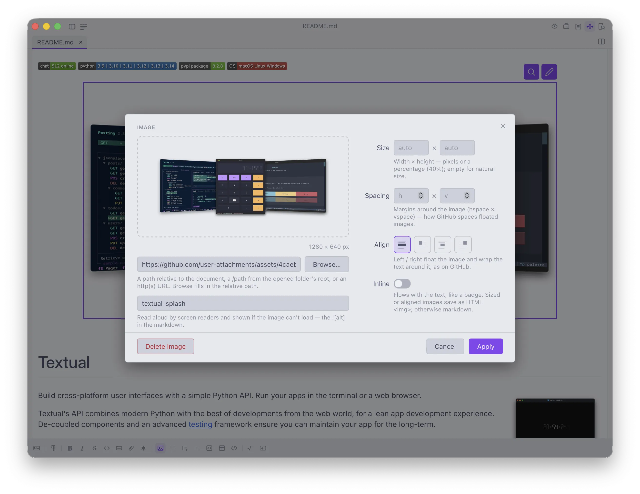 Dinkus displaying images inline in a markdown document, with sizing and alignment controls