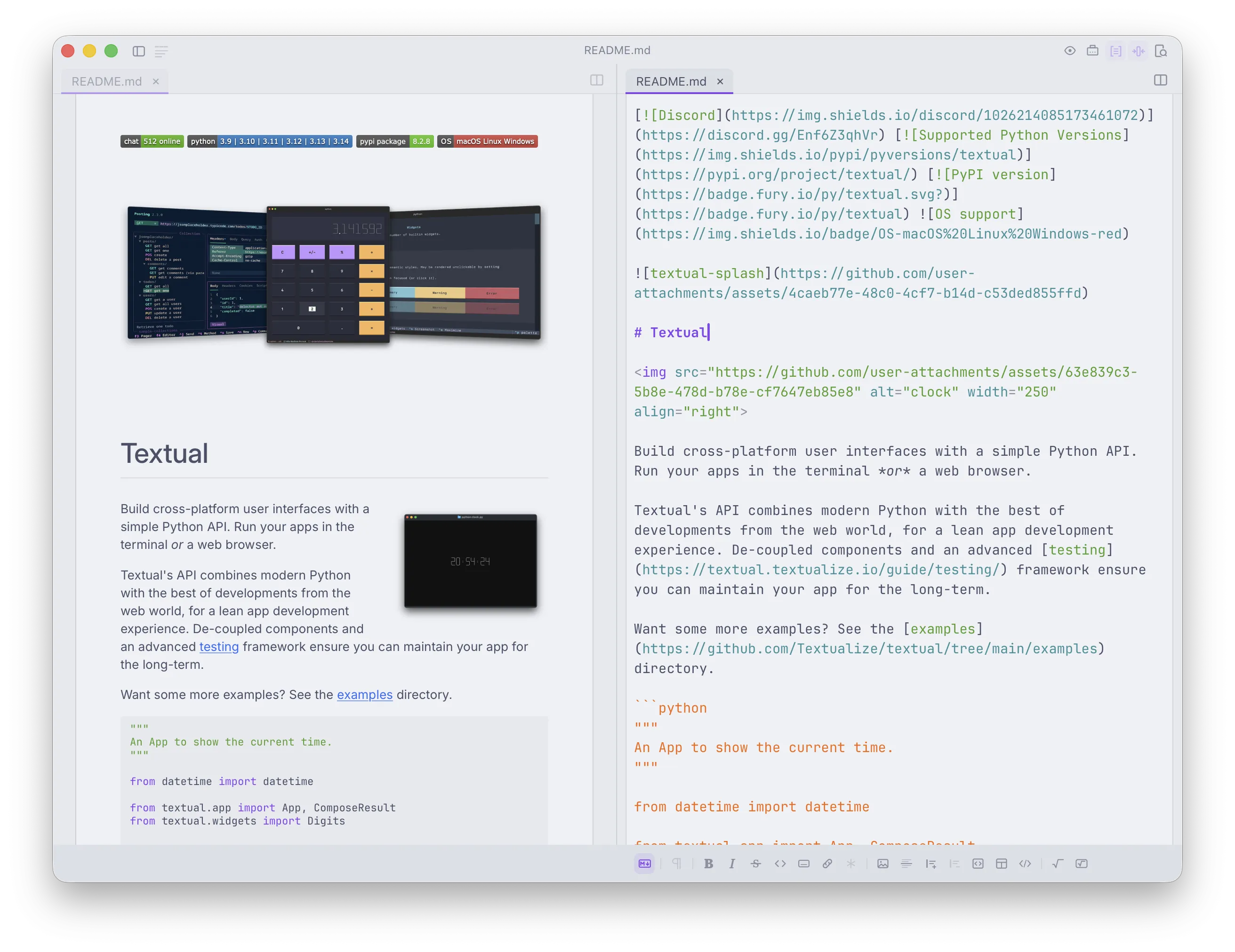 Dinkus editing raw markdown source with syntax highlighting