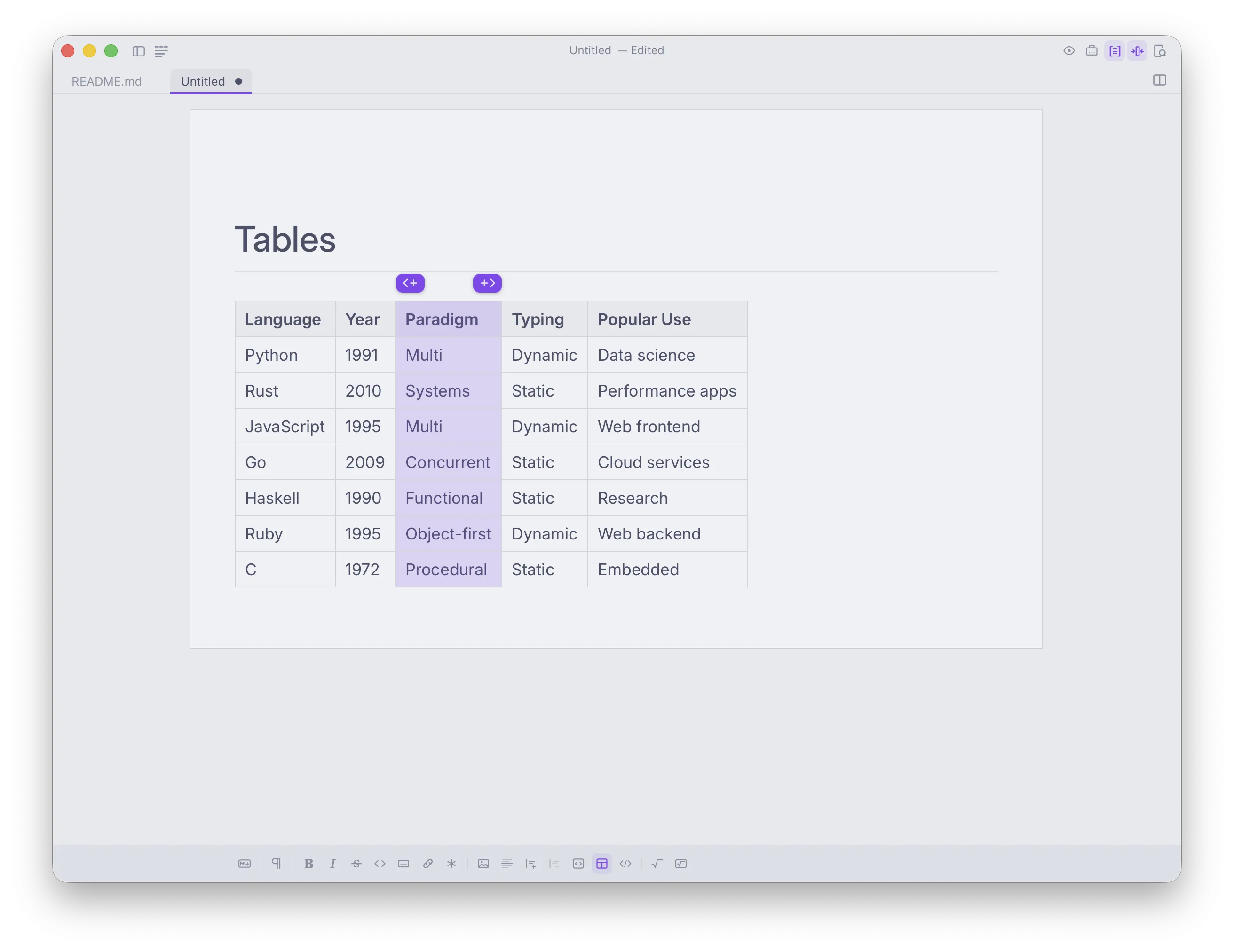 Dinkus editing a markdown table as a real table, with row and column controls